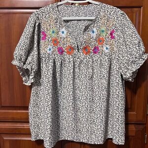 Boho Floral Embroidered Blouse Black White Vine Print Top 3XL